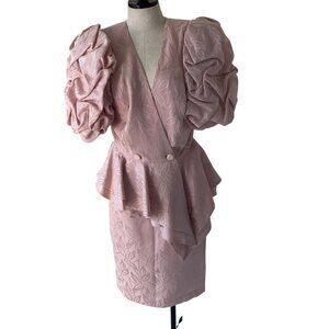 Saint Romei Vintage Womens Silk Skirt Size 12 Pink Jacquard Suit Puff Sleeves